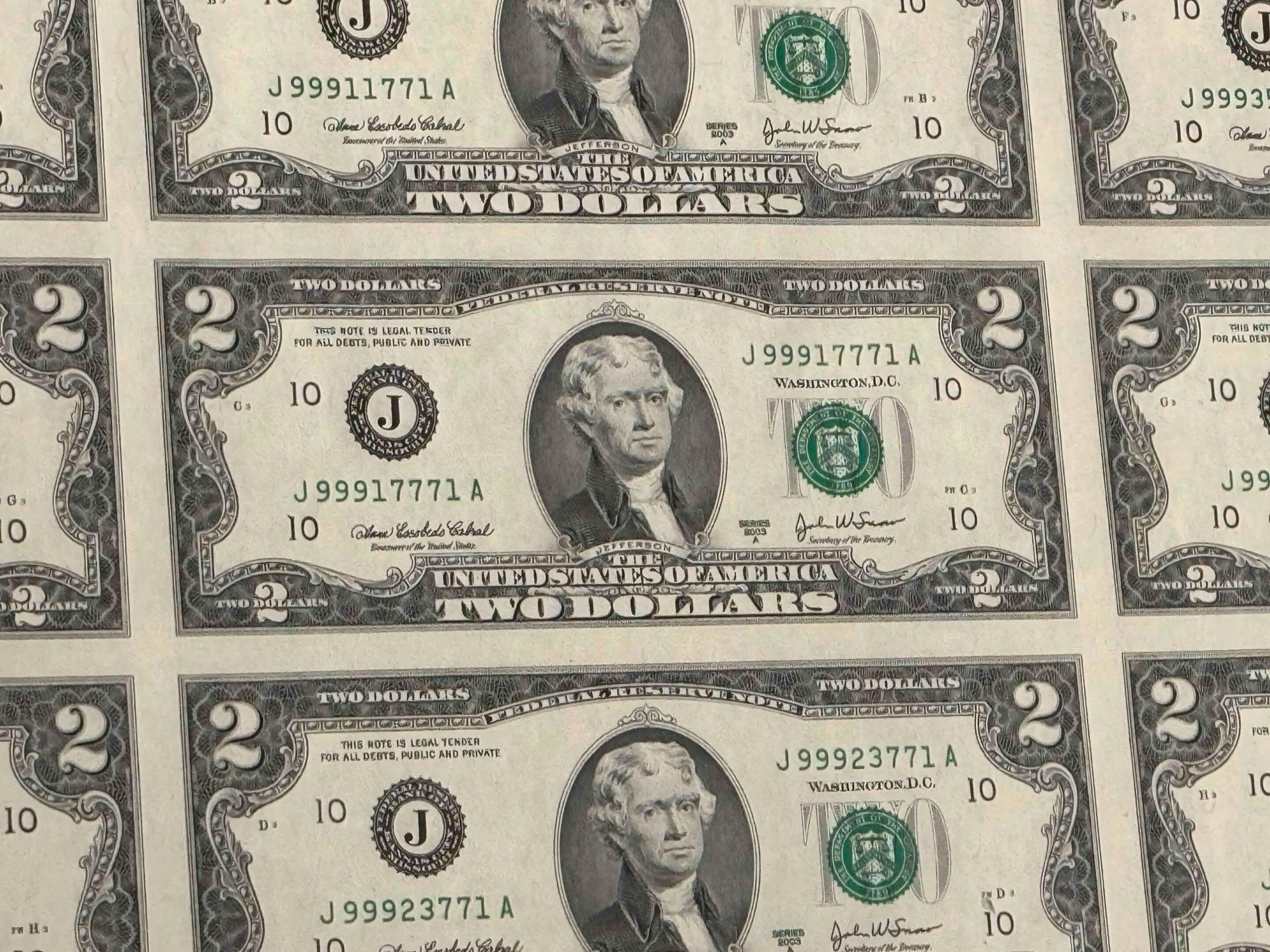 Uncut Sheet of $2 Bills 32 Count Series 2003 A $64 Face Value