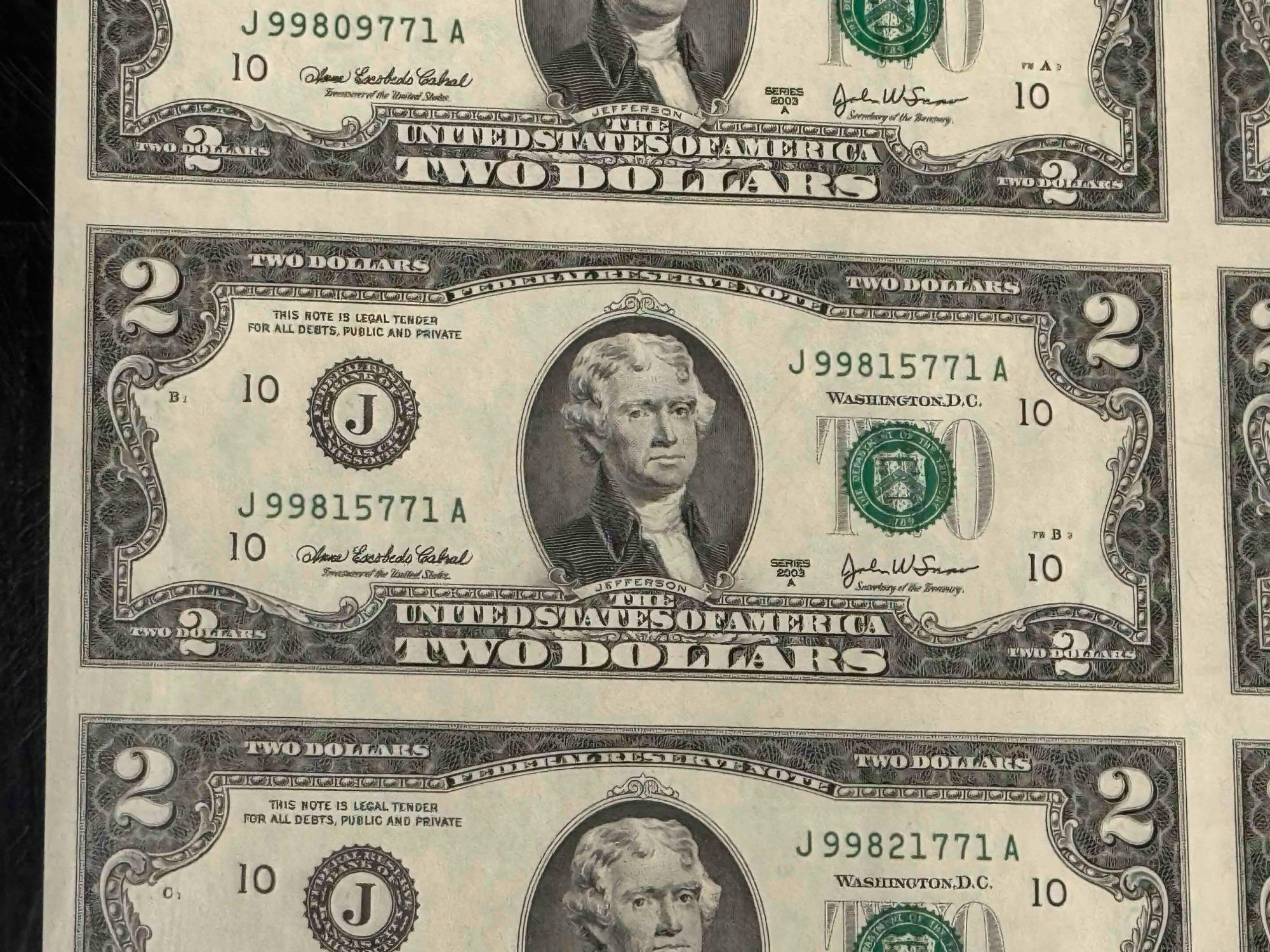Uncut Sheet of $2 Bills 32 Count Series 2003 A $64 Face Value
