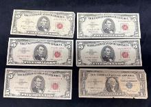 5x $5 Red Note Bank Notes And $1 Silver Certificate