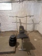workout bench, weights & bar