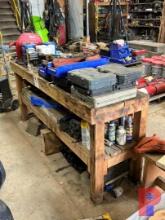 6' X 3' X 2' SHOP TABLE W/ TOOLS W/ MILWAUKEE 14" ABRASIVE CUT OFF SAW, FILTERS, HAMMERS, HAND TOOLS