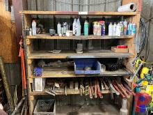 6' X 2' X 6' SHELVING UNIT W/ ASSORTMENT OF TOOLS TO INCLUDE: PIPE WRENCHES, PB BLASTER, LUBRICANT,