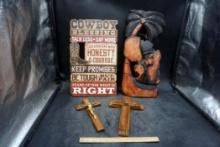 Wooden African Carving, Wooden Crossing & Wooden Cowboy Sign