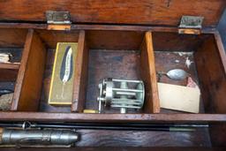 Old Fly Fishing Set Wooden Tackle Box W/ Reel, Rod , Lure & Fishing Gear