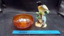 Carnival Glass Bowl & Tropical Bird Statue