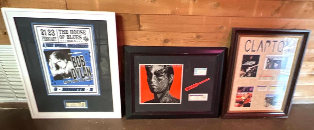 Lot of 3 Music Framed Memorabilia - Bob Dylan, Eric Clapton, and Rolling Stones