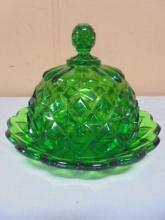 Vintage EAPG US Green Glass Diamond Waffle Domed Butter Dish