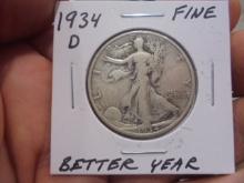 1934 D Mint Silver Walking Liberty Half Dollar
