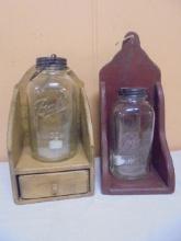 2 Vintage Style Wooden Shelves w/ Ball Jars w/ LED Candles