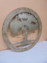 Large Round Wood Frame Galvinized Metal Tree of Life