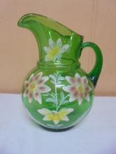 Vintage Green Glass Handpainted Pitcher