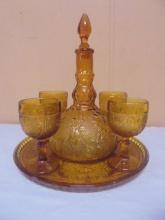 Vintage Indiana Tiara Glass Amber Decanter/Tray & 4 Gobblets