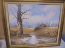 Beautiful Framed & Signed Oil Painting of Barn Scene