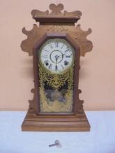 Beautiful Antique Wood Case Wind-Up Mantel Clock w/ Key