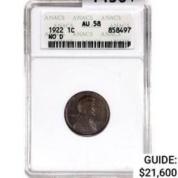 1922 Wheat Cent ANACS AU58 No D