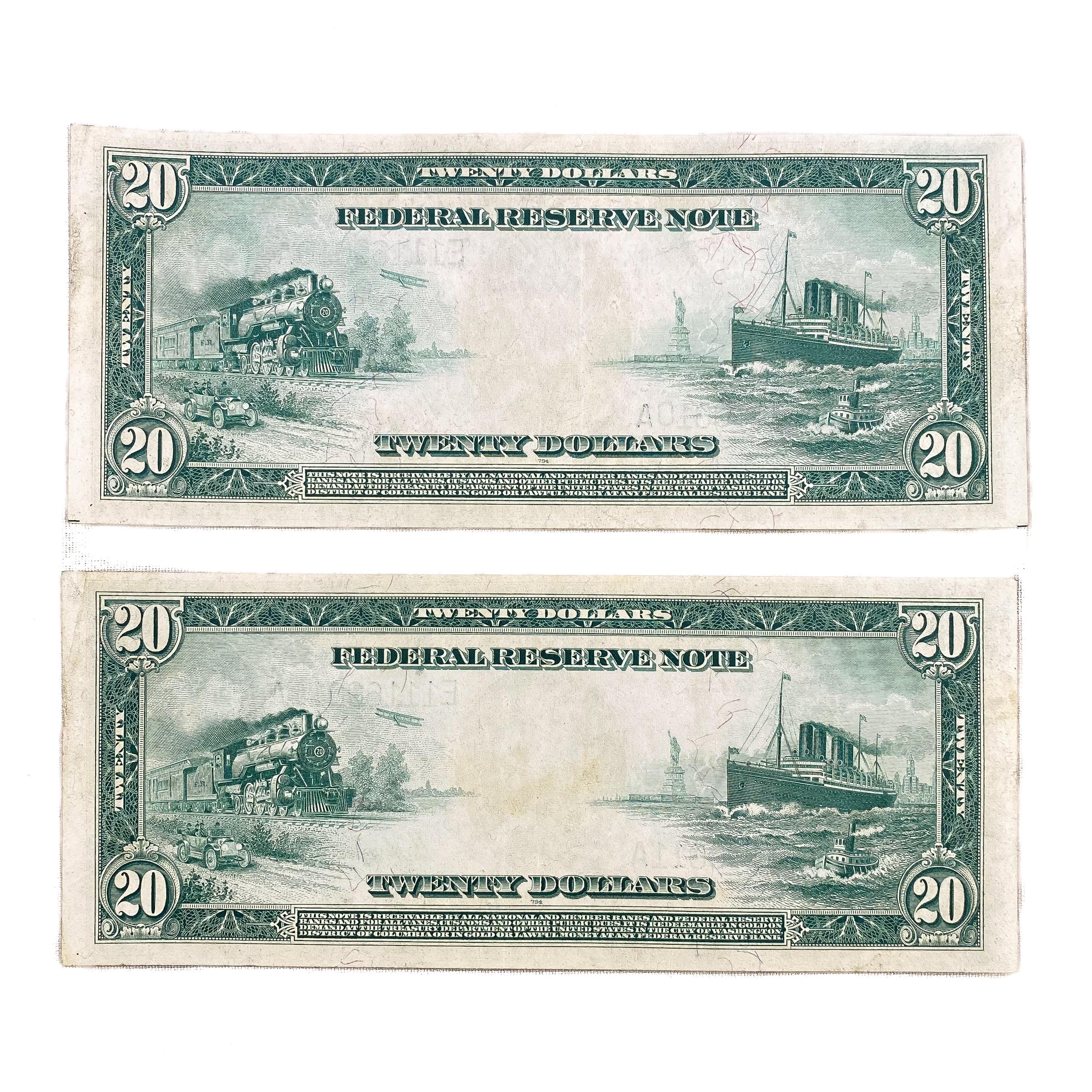 1914 $20 FRN RICHMOND, VA (2) CONSECUTIVE GEM