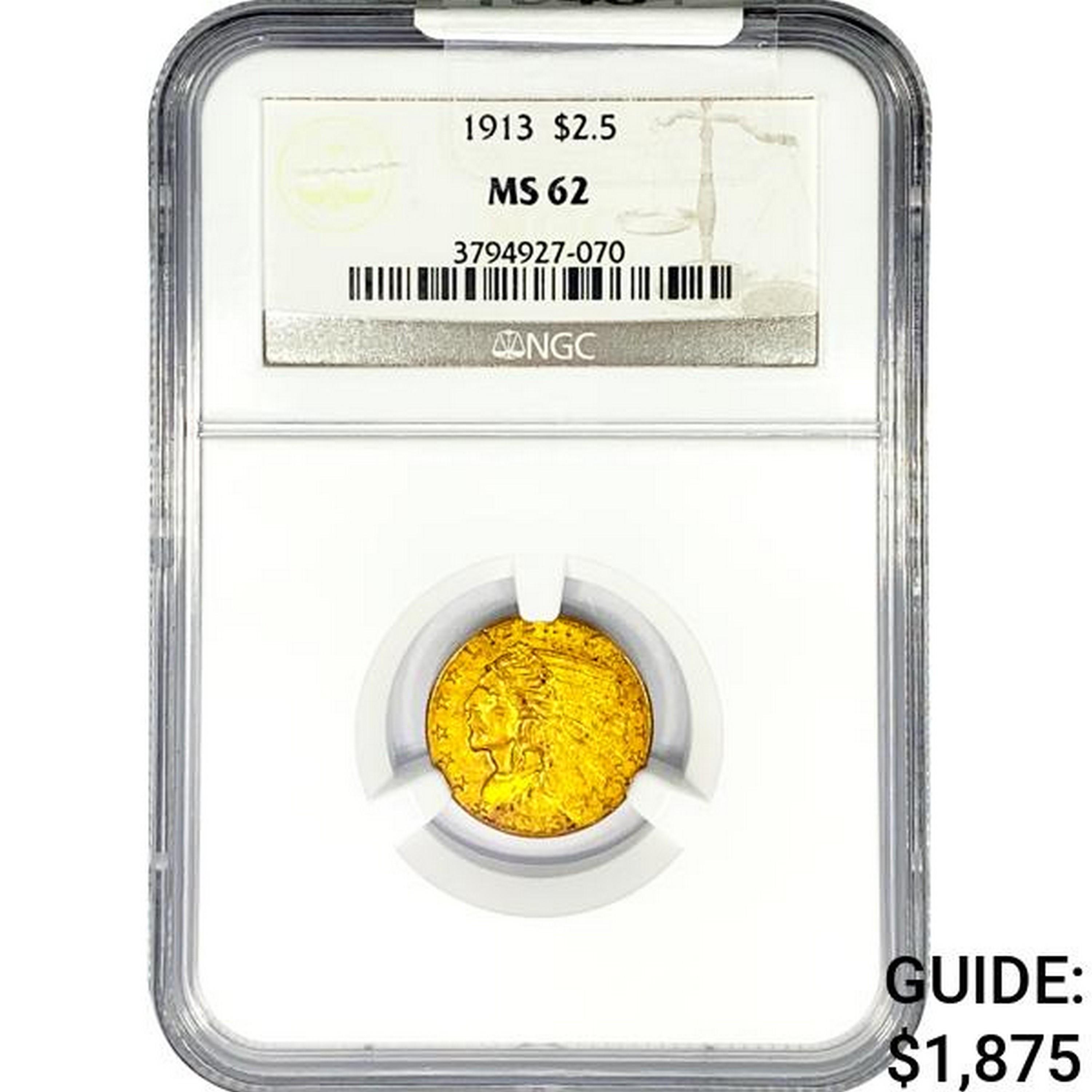 1913 $2.50 Gold Quarter Eagle NGC MS62