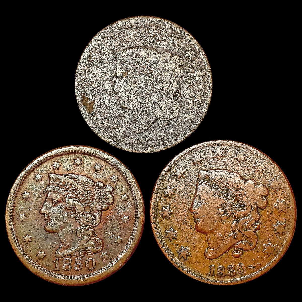 [3] US Large Cents [1824, 1830, 1850] LIGHTLY CIRC