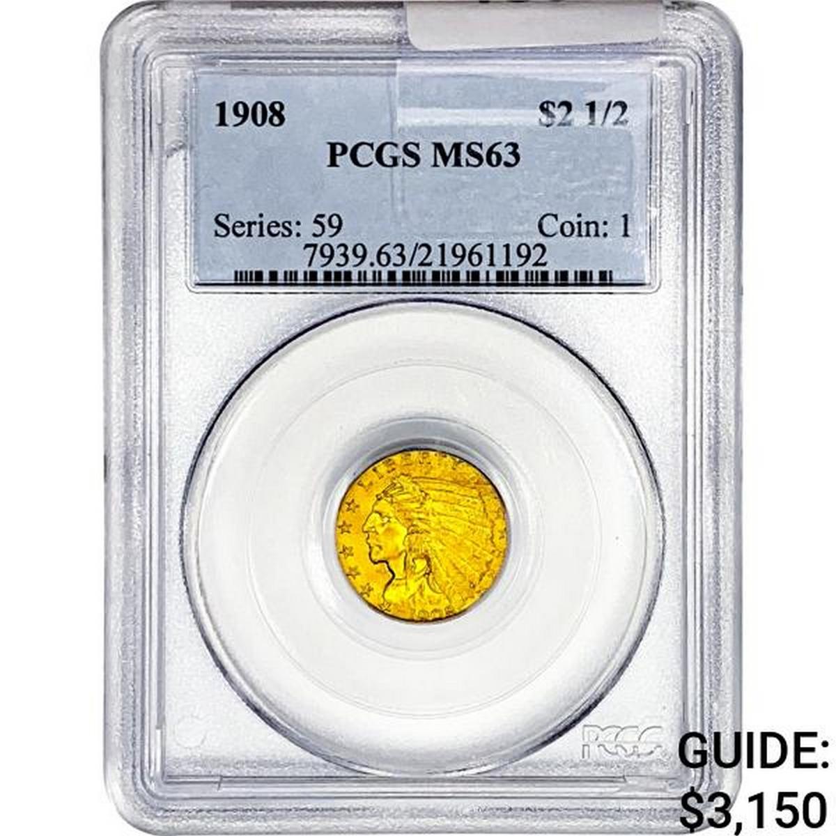 1908 $2.50 Gold Quarter Eagle PCGS MS63