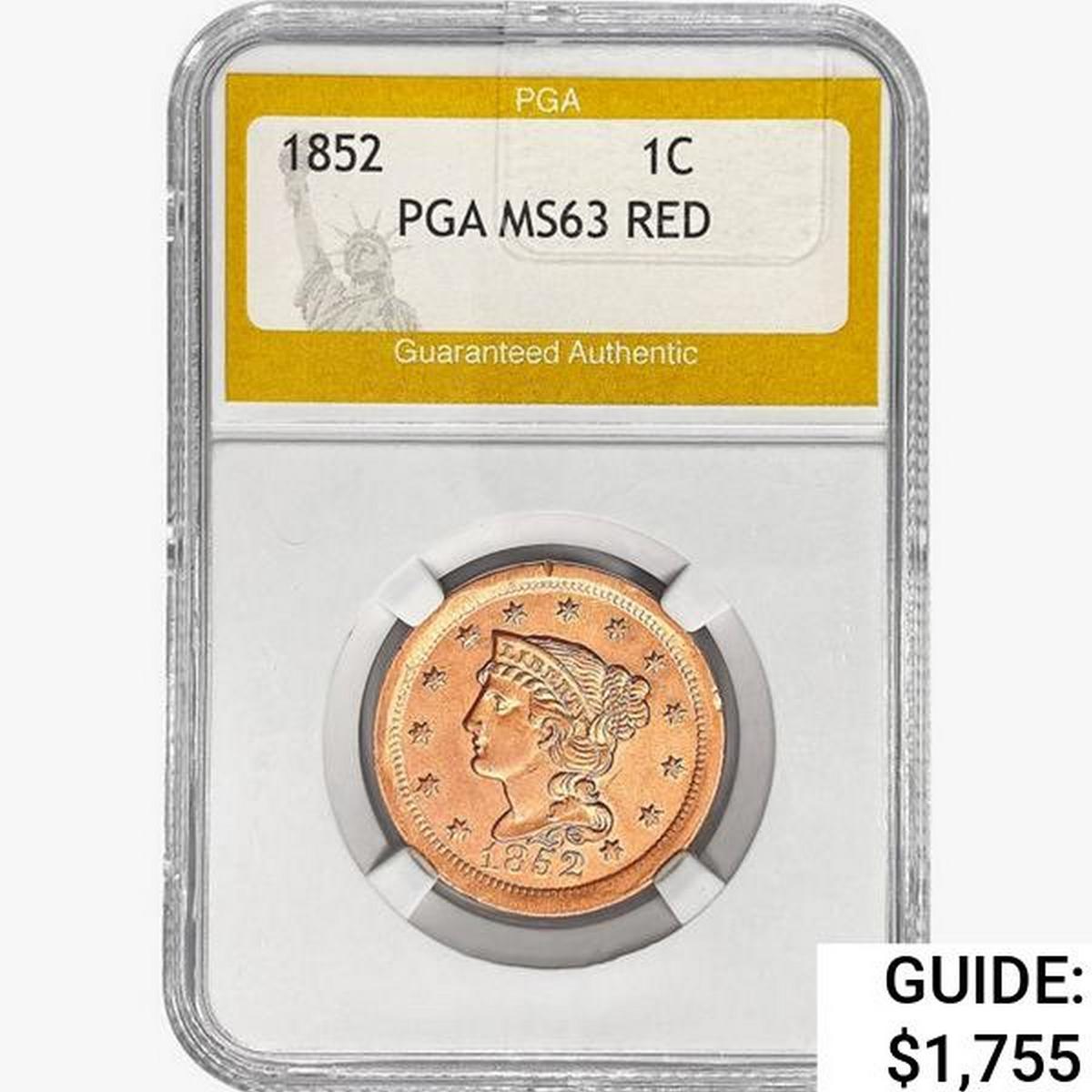 1852 Braided Hair Large Cent PGA MS63 RED
