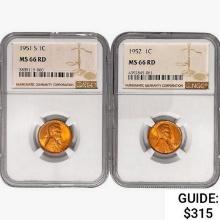 [2] 1951-1952 Wheat Cent NGC MS66 RD