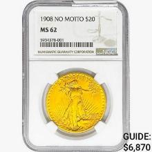 1908 $20 Gold Double Eagle NGC MS62 No Motto