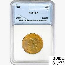 1838 Coronet Head Large Cent NNC MS64 BR