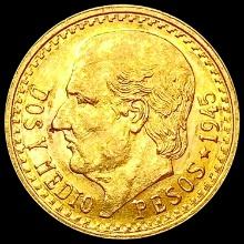 1945 Mexico Gold 2.5 Pesos 0.0603 CLOSELY UNCIRCULATED
