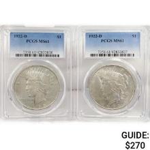 1922-D Set [2] Silver Peace Dollar PCGS MS61