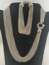 2 Piece Italy Designer Multi-Strand Pearl & Fine Chain Solid Sterling Silver Choker & Bracelet