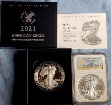 2 US $1 Silver Eagle .999 Silver 1 Troy Oz Bullion Coins - NGC MS69 2012 (W) & 2021 Proof in Box