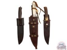 Lot Three Custom Made Damascus Fixed Blade Knives with Leather Sheath
