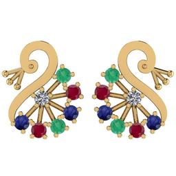 Certified 0.95 Ctw Emerald, Ruby, Sapphire And Diamond I1/I2 14K Yellow Gold Stud Earrings