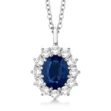 Oval Blue Sapphire and Diamond Pendant Necklace 14k White Gold 3.60ctw