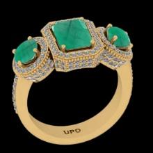 2.85 Ctw VS/SI1 Emerald and Diamond 14K Yellow Gold three stone ring (ALL DIAMOND ARE LAB GROWN )