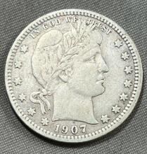 1907 Barber Quarter Dollar, 90% Silver, NEAR FULL LIBERTY