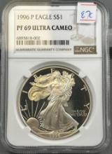 KEY DATE- 1996P US Silver Eagle .999 Fine Silver in NGC PF69 Ultra Cameo holder, Nice looking coin
