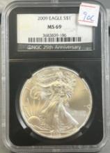 2009 US Silver Eagle Dollar Coin, .999 Fine Silver graded MS69 in NGC Holder