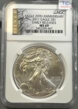 2011 US Silver Eagle Dollar Coin, .999 Fine Silver graded MS69 in NGC Holder