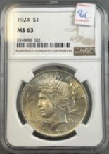 1924 Peace Dollar in NGC MS63 holder