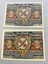 2 Pieces of Notgeld German Emergency Issue banknotes w/ matching serial numbers