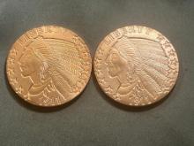 2- ONE OUNCE .999 COPPER ROUNDS, MADE IN THE LIKENESS OF A 1911 GOLD PIECE