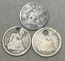 3- Seated Liberty Half Dimes, 1854, 1870, and 1872, sells time the. money