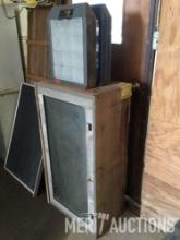 (2) parts organizers and glass front cabinet