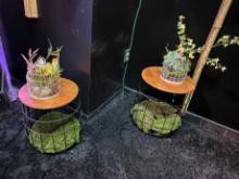 PLANT STANDS - METAL BASE, WOOD ROUND TOP WITH FLORAL DÉCOR