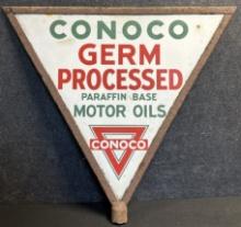 Conoco Germ Processed Double Sided Porcelain 1920s Curbside Advertising Sign w/ Original Ring