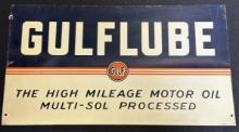 Gulflube High Mileage Motor Oil Original 1940s Rack Topper Single Sided Painted Metal Advertising Si