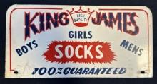 Original 1950s King James Socks Double Sided Metal Rack Topper Sign
