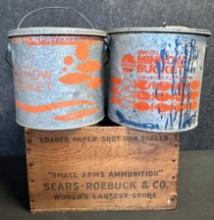 Lot 3 Vintage Sears Roebuck Mallard Sports Load Wooden Ammo Box + 2 Minnow Buckets
