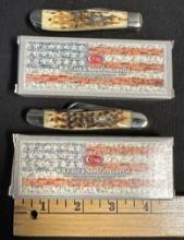 No 00013 Amber Bone Peach Mini Trapper & 00042 Amber Stockman Case Knives w/ Orig Boxes